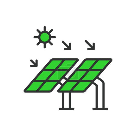 Illustration for Solar panel with the sun icon in line design green. Panel, sun, power, renewable, photovoltaic, electricity, solar power isolated on white background vector. Solar panel editable stroke icon - Royalty Free Image