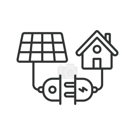 Téléchargez les illustrations : Système solaire se connectant à l'icône de la maison dans la conception de ligne. Système, connexion, maison, connexion, isolé sur fond blanc vecteur. Système solaire connecté à l'icône de course modifiable de la maison - en licence libre de droit