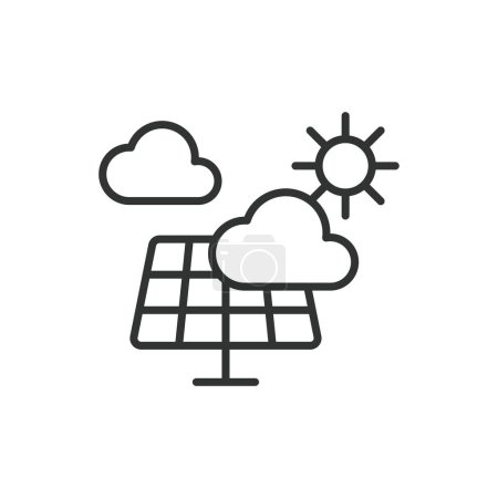 Téléchargez les illustrations : Panneaux solaires icône météo nuage dans la conception de ligne, vert. Solaire, panneaux, nuages, météo, lumière du soleil, prévision, ciel isolé sur fond blanc vecteur. Panneaux solaires nuages météo icône course modifiable - en licence libre de droit