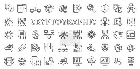 Kryptografische Symbole im Liniendesign. Kryptographie, Verschlüsselung, Sicherheit, Kryptographie, Code, Geschäft isoliert auf weißem Hintergrund Vektor. Kryptographisch editierbare Schlaganfall-Symbole