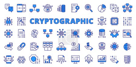 Kryptografische Symbole im Liniendesign, blau. Kryptographie, Verschlüsselung, Sicherheit, Kryptographie, Code, Geschäft isoliert auf weißem Hintergrund Vektor. Kryptographisch editierbare Schlaganfall-Symbole