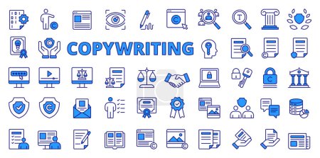 Copywriting icons in line design, blue. Copywriting, business, content, copy, copywriter, advertising, website isolated on white background vector. Copywriting editable stroke icons