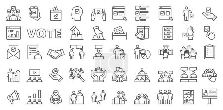Illustration for Vote icons in line design. Vote, election, democracy, poll, ballot, voting, infographic, website, line, candidate politics isolated on white background vector Vote editable stroke icons - Royalty Free Image