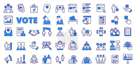 Vote icons in line design, blue. Vote, election, democracy, poll, ballot, voting, infographic, website, line, candidate politics isolated on white background vector Vote editable stroke icons