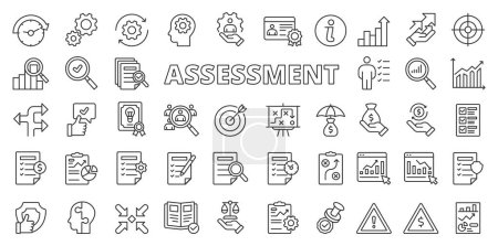 Assessment icons in line design. Assessment, data, analysis, compare, plan, analysis, testing, report, management isolated on white background vector Assessment editable stroke icons