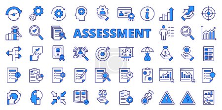 Iconos de evaluación en diseño de línea, azul. Evaluación, datos, análisis, comparación, plan, análisis, pruebas, informe, gestión aislado en el vector de fondo blanco