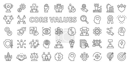 Core values icons in line design. Growth, business, icons, infographic, focus, creativity, gear, core, optimism, goal isolated on white background vector. Core values editable stroke icons