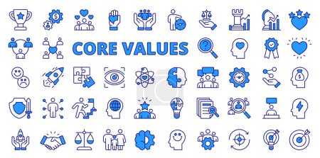 Illustration for Core values icons in line design, blue. Growth, business, icons, infographic, focus, creativity, gear, core, optimism, goal isolated on white background vector. Core values editable stroke icons - Royalty Free Image