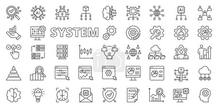 Illustration for System business icons in line design. System, business, process, management, strategy, efficiency, technology isolated on white background vector. System business editable stroke icons - Royalty Free Image
