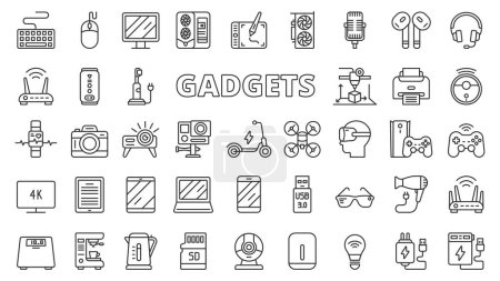 Gadgets iconos en el diseño de línea. PC, juego, juego de almohadilla, caja de juego, escalas, básculas de baño, bombilla, cargador, scooter, máquina de café aislado en el vector de fondo blanco. Gadgets íconos de golpe editable