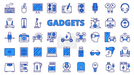 Gadgets iconos en diseño de línea, azul. PC, juego, juego de almohadilla, caja de juego, escalas, básculas de baño, bombilla, cargador, scooter, máquina de café aislado en el vector de fondo blanco. Gadgets íconos de golpe editable