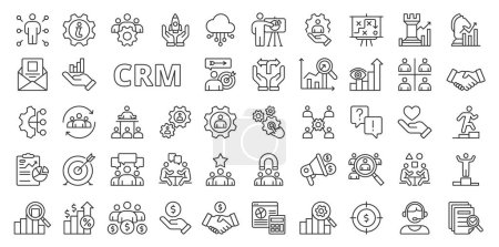 Illustration for CRM icons in line design. CRM system, CRM software, business, statistics, deal, money, team, strategy, growth, manager, finance isolated on white background vector. CRM editable stroke icons - Royalty Free Image