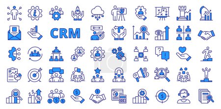 Téléchargez les illustrations : Icônes CRM dans la conception de ligne, bleu. Système CRM, logiciel CRM, entreprise, statistiques, affaire, argent, équipe, stratégie, croissance, gestionnaire, finance isolé sur fond blanc vecteur CRM icônes d'AVC modifiables - en licence libre de droit