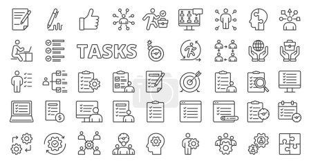 Illustration for Tasks icons in line design. Tasking, to do, planing, business, duty, project, manager, report, list, check, plan, check mark isolated on white background vector. Tasks editable stroke icons. - Royalty Free Image
