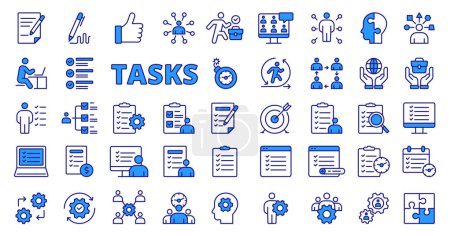 Tasks icons in line design, blue. Tasking, to do, planing, business, duty, project, manager, report, list, check, plan, check mark isolated on white background vector. Tasks editable stroke icons.