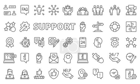 Support icons in line design. Assistance, help, service, consultation, response, care, experience, business, fast repair isolated on white background vector. Support editable stroke icons