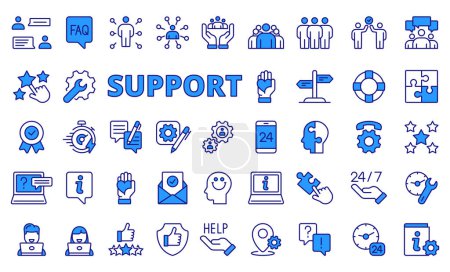 Illustration for Support icons in line design, blue. Assistance, help, service, consultation, response, care, experience, business, fast repair isolated on white background vector. Support editable stroke icons - Royalty Free Image