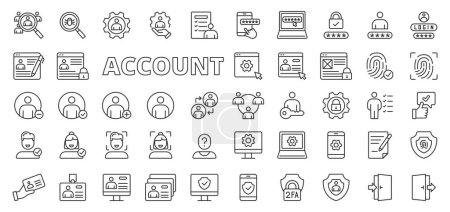 Account icons in line design. User, login, password, username, social, verification, sign up, sign in, registration, users isolated on white background vector. Account editable stroke icons