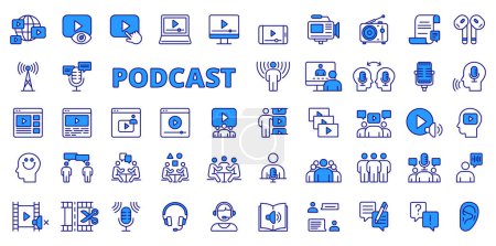 Iconos de podcast en diseño de línea, azul. Streaming, entrevistas, radiodifusión, micrófono, podcaster, transmisiones, hablar, invitados, podcasting aislado en el vector de fondo blanco Podcast iconos de carrera editables