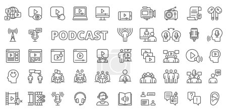 Iconos de podcast en diseño de línea. Streaming, entrevistas, radiodifusión, micrófono, podcaster, transmisiones, charla, invitados, podcasting aislado en el vector de fondo blanco. Podcast iconos de carrera editable.