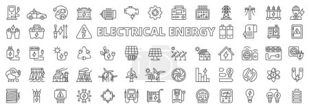 Electrical energy in line design. Electrical, energy, icons, charge, industry, battery, solar panel, green, electricity on white background vector. Electrical energy editable stroke icons