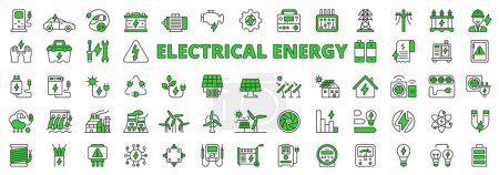 Elektrische Energie im Liniendesign, grün. Elektrik, Energie, Symbole, Ladung, Industrie, Batterie, Solarmodul, grün, Strom auf weißem Hintergrundvektor. Elektrische Energie editierbare Schlaganfall-Symbole
