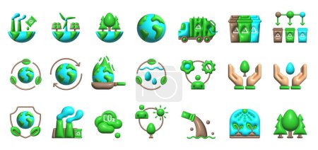 Téléchargez les illustrations : Séparation des déchets, Eco planète, Recycler, icônes vectorielles 3D. Recyclage, vert, 3D, icône, environnement, éco, pollutions, écologique, déchets, réutilisation, icône vectorielle icônes 3D - en licence libre de droit