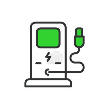 Charging station, in line design, green. Charging, Station, Electric vehicle, EV, Alternative energy, Green technology, Sustainable on white background vector. Charging station editable stroke icon.