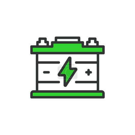 Car battery, in line design, green. Car, battery, Vehicle, Automotive, Power source, Energy storage, Rechargeable on white background vector. Car battery editable stroke icon