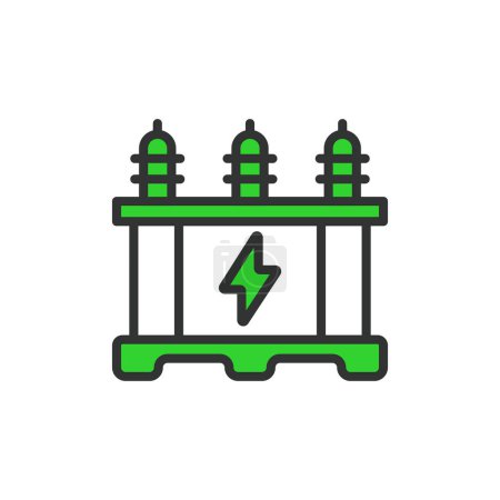 Transformator, im Liniendesign, grün. Elektrisch, Transformator, Spannung, Verteiler-Transformator auf weißem Hintergrundvektor. Transformator editierbares Schlaganfall-Symbol