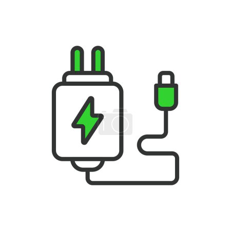 Illustration for Adaptor, in line design, green. Adapter, Plug, Socket, Connector, Power, Electricity Device on white background vector Adaptor editable stroke icon - Royalty Free Image