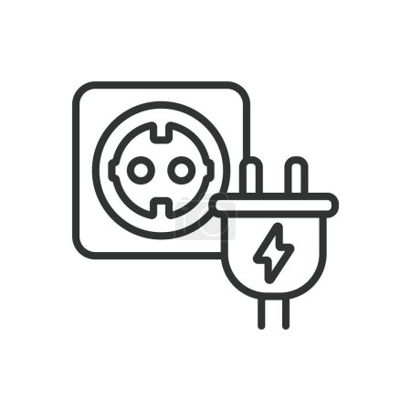 Plug in, in line design. Plug in, plug, socket, electrical, outlet on white background vector. Plug in editable stroke icon