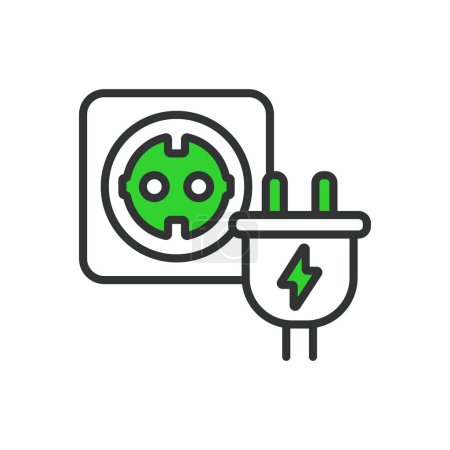 Plug in, in line design, green. Plug in, plug, socket, electrical, outlet on white background vector. Plug in editable stroke icon