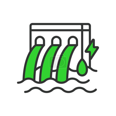 Hydroelectricity, in line design, green. Hydroelectricity, hydroelectric, power, water, energy on white background vector Hydroelectricity editable stroke icon