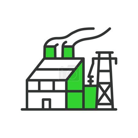 Illustration for Power plant, in line design, green. Power plant, power, plant, electricity, energy, generation, station on white background vector. Power plant editable stroke icon - Royalty Free Image