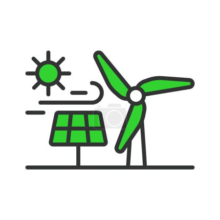 Illustration for Renewable energy, in line design, green. Renewable energy, renewable, energy, sustainable, power, electricity, clean on white background vector. Renewable energy editable stroke icon - Royalty Free Image