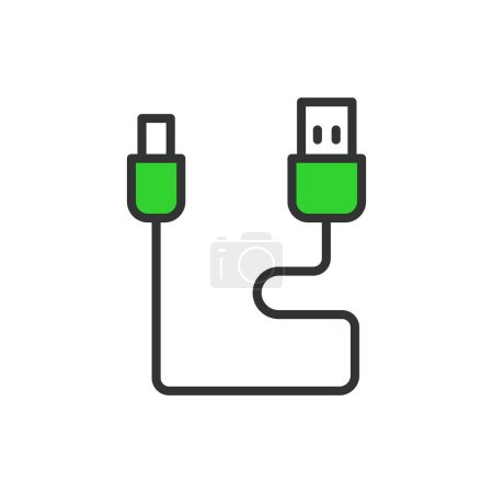 Type-C cord, in line design, green. Type-C, cord, cable, connector, USB, reversible, fast on white background vector. Type-C cord editable stroke icon