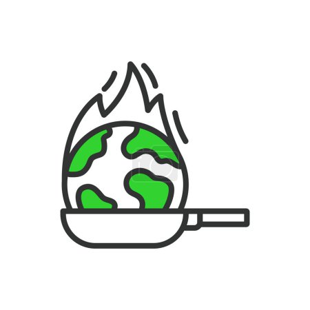 Global warming, in line design, green. Global warming, climate change, greenhouse effect, temperature rise on white background vector. Global warming editable stroke icon