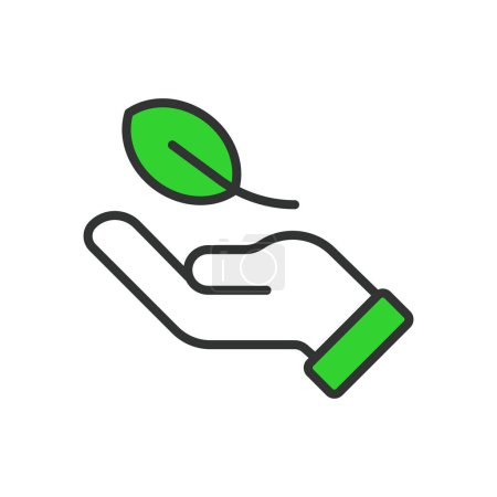 Blatt auf einer Hand, im Liniendesign, grün. Blatt, Hand, Natur, Ökologie auf weißem Hintergrund. Blatt auf einem handbearbeitbaren Strichsymbol