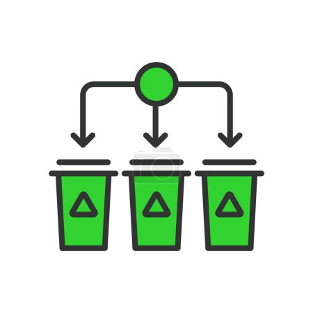Waste sorting, in line design, green. Waste, sorting, garbage, recycling, segregate, bins on white background vector. Waste sorting editable stroke icon