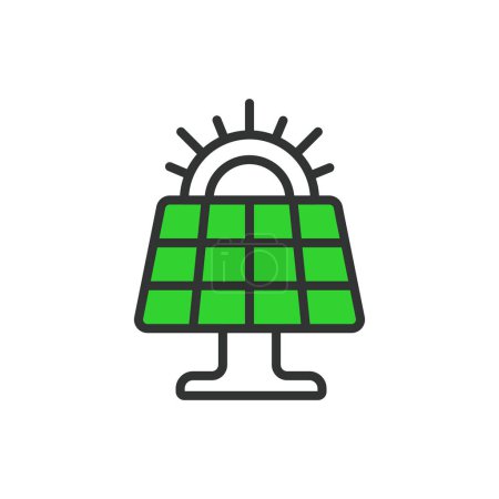 Panel solar, en diseño de línea, verde. Solar, panel, energía, renovables, energía, verde, electricidad en el vector de fondo blanco Panel solar icono de carrera editable