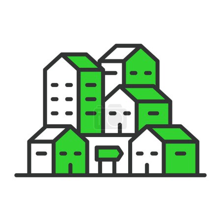 Illustration for Green village, in line design, green. Green, Village, Eco-friendly, Sustainable, Nature, Environment, Rural, on white background vector Green village editable stroke icon - Royalty Free Image