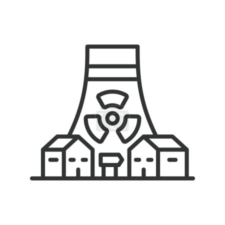 Nuclear plant in a village, in line design. Nuclear, Plant, Village, Energy, Power, Rural, Reactor, on white background vector. Nuclear plant in a village editable stroke icon