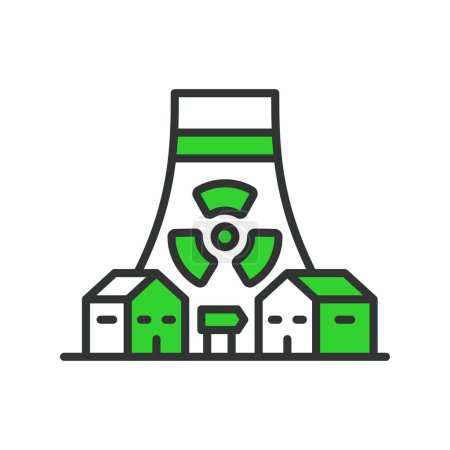 Nuclear plant in a village, in line design, green. Nuclear, Plant, Village, Energy, Power, Rural, Reactor, on white background vector. Nuclear plant in a village editable stroke icon