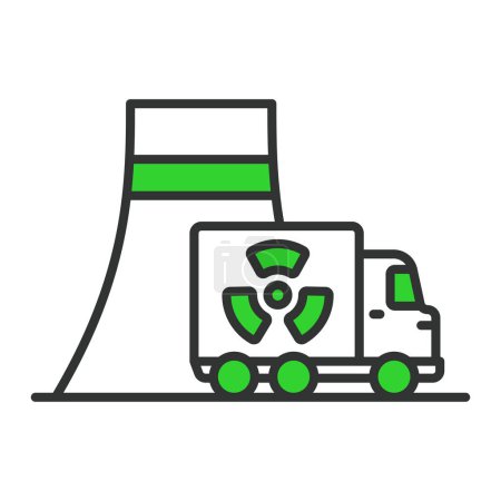 Nuclear transportation, in line design, green. Nuclear, Transportation, Safety, Cargo, Truck, Radioactive, Hazardous on white background vector Nuclear transportation editable stroke icon