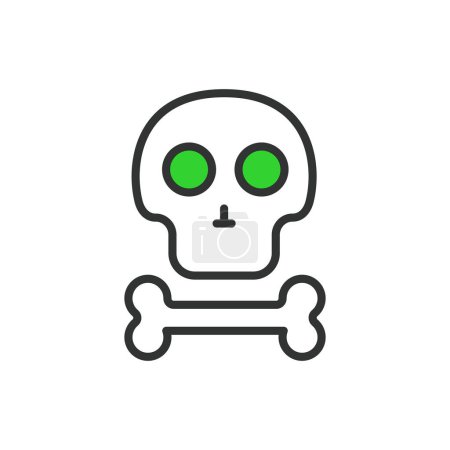 Cráneo y hueso, en diseño de línea, verde. Skull, Bone, Skeleton, Death, Crossbones, Danger, Pirate on white background vector (en inglés). Cráneo y hueso ícono de golpe editable