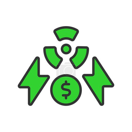 Nuclear energy price, in line design, green. Nuclear, Energy, Price, Cost, Power, Electricity, Reactor on white background vector. Nuclear energy price editable stroke icon