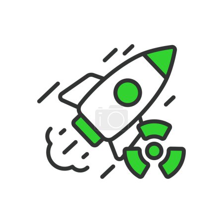 Nuclear missile, in line design, green. Missile, Nuclear, Warhead, Weapon, Rocket, Explosion, Destruction on white background vector Nuclear missile editable stroke icon