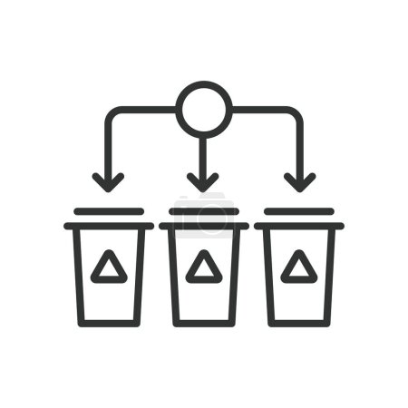 Waste sorting, in line design. Waste, sorting, garbage, recycling, segregate, bins on white background vector. Waste sorting editable stroke icon