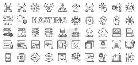 Hosting business, in line design. Hosting, Business, Server, Cloud, Web, Internet, Data on white background vector. Hosting business editable stroke icons